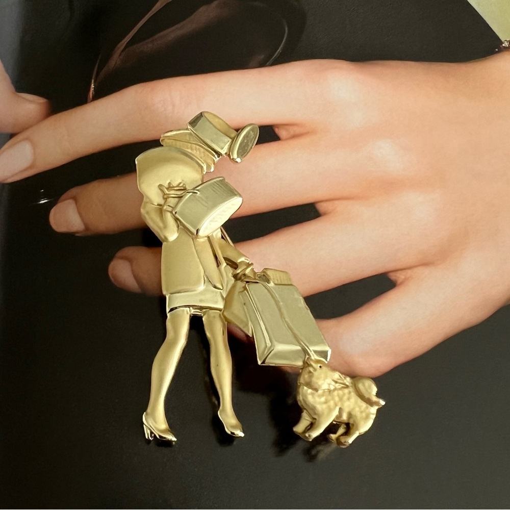 Vtg AJC Woman Shopper ~ Boxes Bags & Dog Gold Tone Pin Brooch